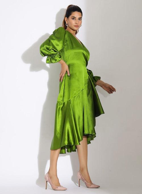 Satin Wrap Dress with Long Sleeves