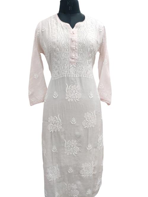 Shyamal Chikan Hand Embroidered Pink Muslin Lucknowi Chikankari Kurti - S22684