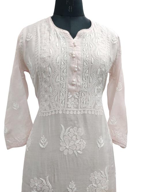 Shyamal Chikan Hand Embroidered Pink Muslin Lucknowi Chikankari Kurti - S22684