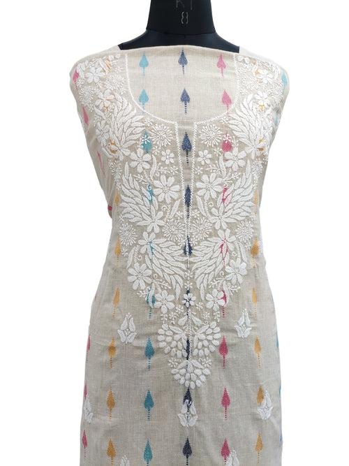 Shyamal Chikan Hand Embroidered Beige Lenin Lucknowi Chikankari Unstitched Kurta Piece - S21132