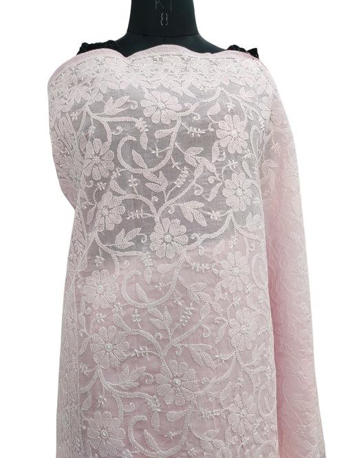 Shyamal Chikan Hand Embroidered Pink Cotton Lucknowi Chikankari Heavy Palla Saree With Blouse Piece- S22534