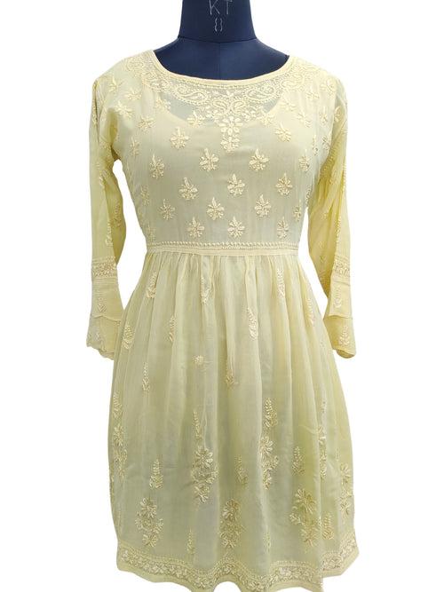 Shyamal Chikan Hand Embroidered Lemon Viscose Georgette Lucknowi Chikankari Naira Short Top S22814