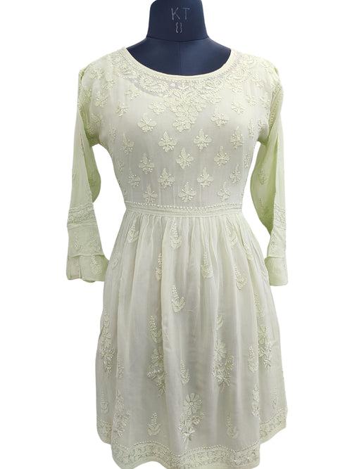 Shyamal Chikan Hand Embroidered Green Viscose Georgette Lucknowi Chikankari Naira Short Top S22812