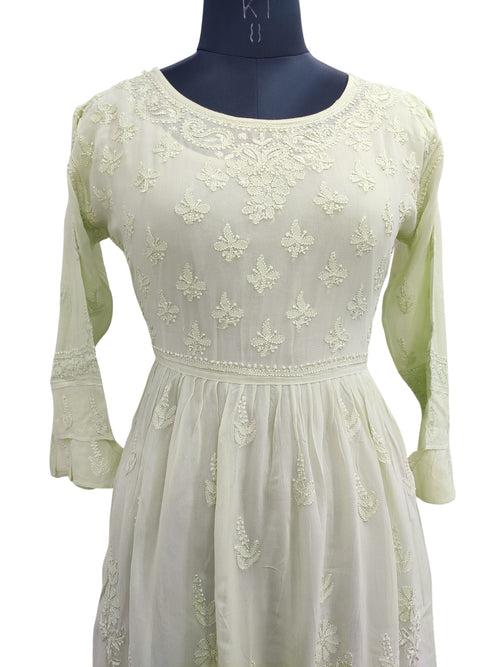 Shyamal Chikan Hand Embroidered Green Viscose Georgette Lucknowi Chikankari Naira Short Top S22812