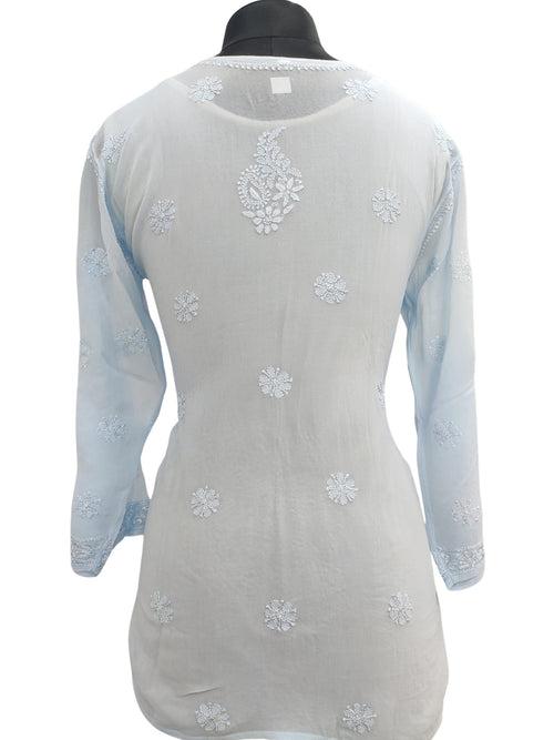 Shyamal Chikan Hand Embroidered Blue Viscose Georgette Lucknowi Chikankari Short Top S22808