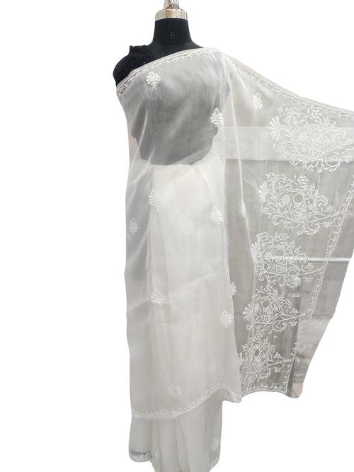 Shyamal Chikan Hand Embroidered White Pure Organza Lucknowi Chikankari Saree With Blouse Piece  - S22314