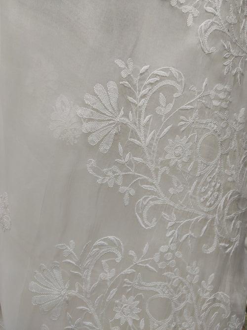 Shyamal Chikan Hand Embroidered White Pure Organza Lucknowi Chikankari Saree With Blouse Piece  - S22314