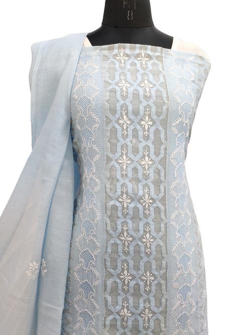 Shyamal Chikan Hand Embroidered Blue Mul Chanderi Lucknowi Chikankari Unstitched Suit Piece With Daraz and Jaali Work (Kurta Dupatta Set) - S22629