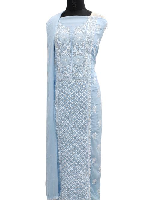 Shyamal Chikan Hand Embroidered Blue Cotton Lucknowi Chikankari Unstitched Suit Piece- S21840