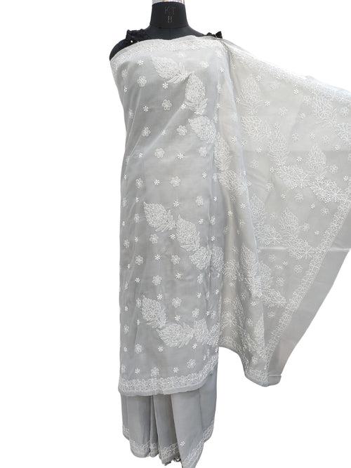 Shyamal Chikan Hand Embroidered Grey Cotton Lucknowi Chikankari Saree With Blouse Piece- S22519