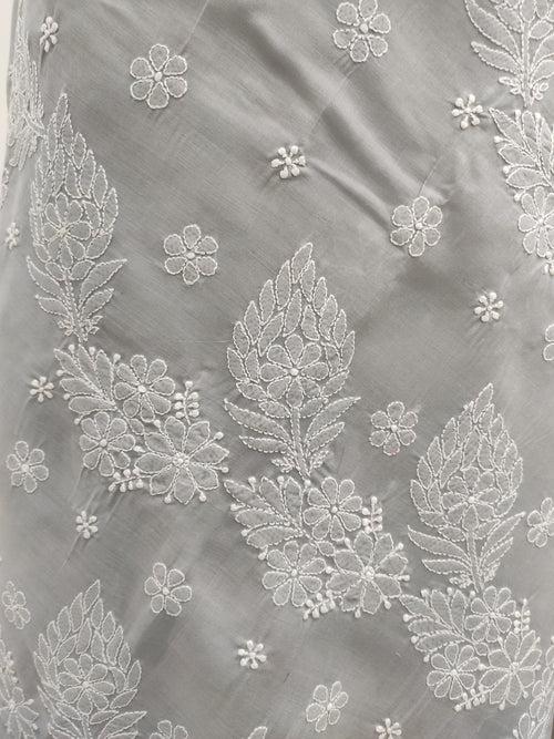 Shyamal Chikan Hand Embroidered Grey Cotton Lucknowi Chikankari Saree With Blouse Piece- S22519