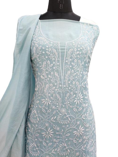 Shyamal Chikan Hand Embroidered Sea Green Cotton Silk  Lucknowi Chikankari Unstitched Suit Piece ( Kurta Dupatta Set ) S 22623