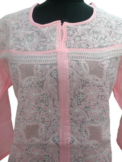 Shyamal Chikan Hand Embroidered Pink Cotton Lucknowi Chikankari Short Top With Jaali Work- S7019