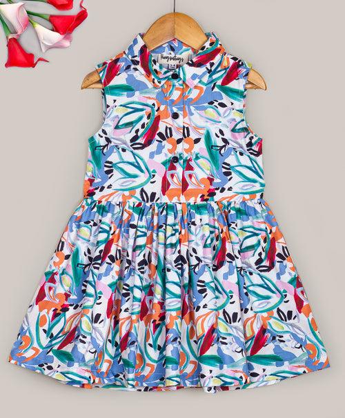 Flower print dress with collars and front button closure