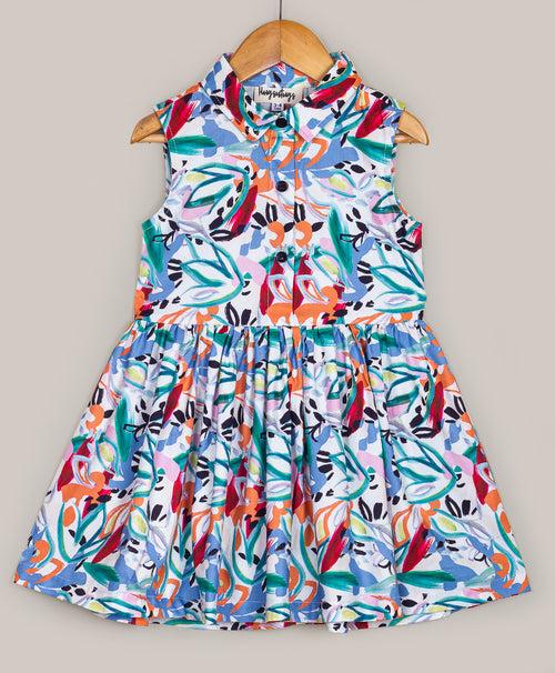 Flower print dress with collars and front button closure