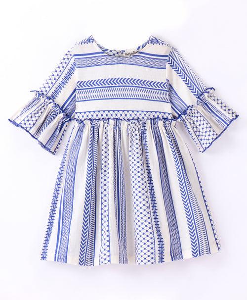 Three Fourth Sleeves Striped Pattern Aztec Bands Designed Fit & Flare Dress - Navy Blue & White