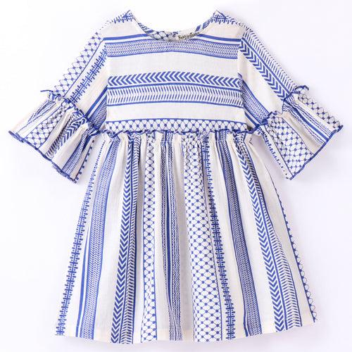 Three Fourth Sleeves Striped Pattern Aztec Bands Designed Fit & Flare Dress - Navy Blue & White
