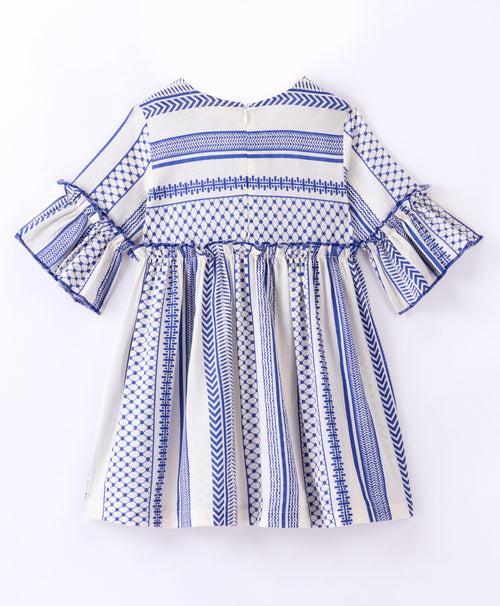 Three Fourth Sleeves Striped Pattern Aztec Bands Designed Fit & Flare Dress - Navy Blue & White