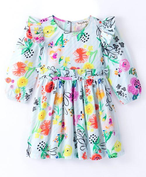 Full Sleeves Watercolor Effect Flowers Printed & Candy Striped Frill Detailed Fit & Flare Dress - White & Multi Color