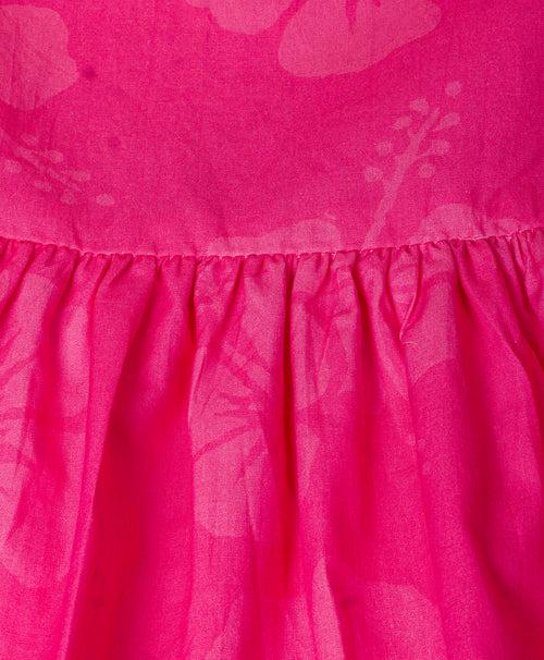 HOT PINK SELF PRINT DRESS WITH CONTRAST LACE AT NECK AND FLOUNCE