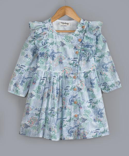 Dress with China Dragon print and Wooden Buttons