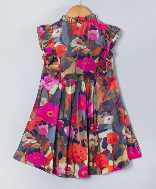 CUTSLEEVE FLORAL PRINT DRESS WITH FRILLS AT FRONT SIDES