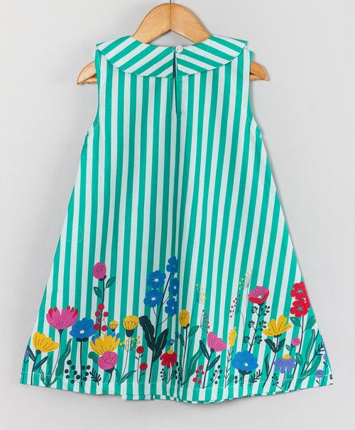 STRIPE PRINT DRESS WITH FLORAL BORDER AND PETER PAN COLLAR