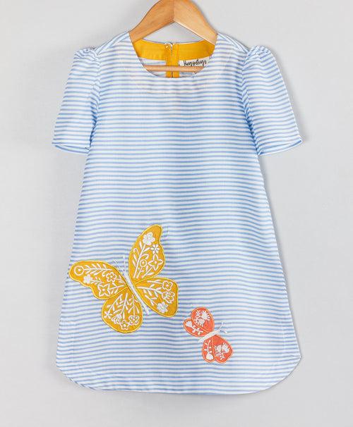 BLUE STRIPE PRINT DRESS WITH BUTTERFLY PATCHWORK