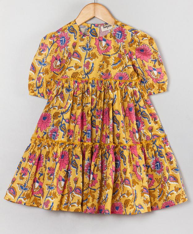 YELLOW / PINK ALL OVER FLORAL PRINT TIERED DRESS