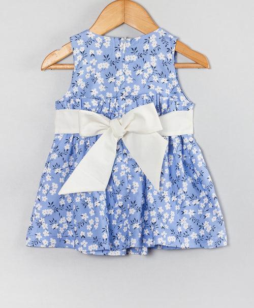 BLUE FLORAL PRINT INFANT DRESS WITH WHITE BOW