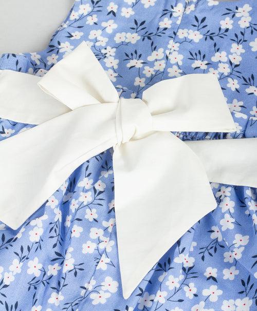 BLUE FLORAL PRINT INFANT DRESS WITH WHITE BOW