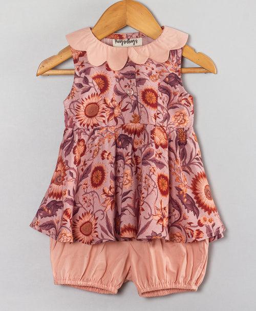 ROSE PINK SUNFLOWER PRINT INFANT SHORTS SET