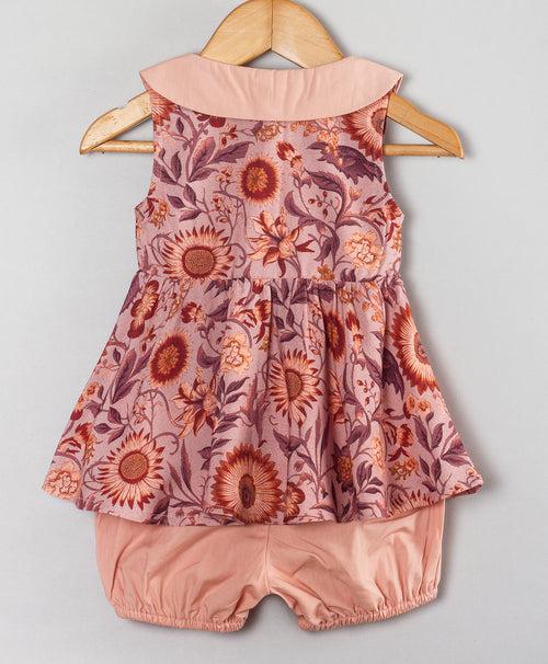 ROSE PINK SUNFLOWER PRINT INFANT SHORTS SET