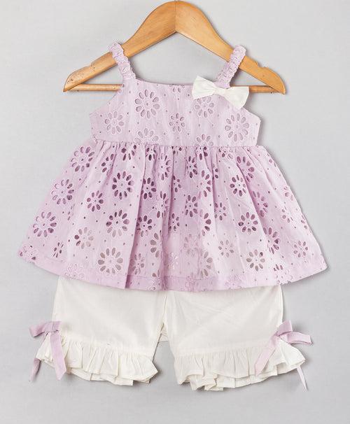 LILAC SCHIFFLI INFANT SET WITH WHITE BLOOMERS