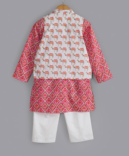 ETHNIC PRINT KURTA SET WITH SOLID PJ AND CAMEL PRINT JKT