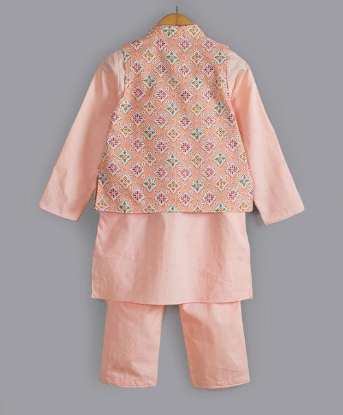 PEACH KURTA SET WITH ETHNIC ALL OVER PRINT JACKET