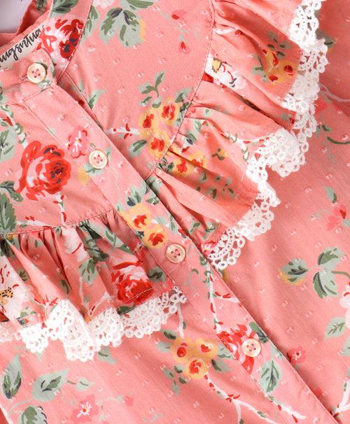 Full Sleeves Seamless Flowers Printed & Frill Detailed Top - Coral Peach