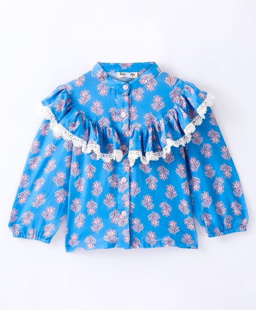 Full Sleeve Flowers Printed & Contrast Lace Yoke Embellished Frill Detailed Top - Blue