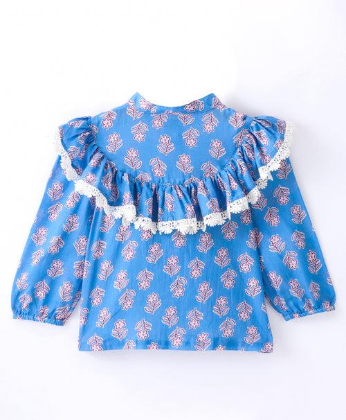 Full Sleeve Flowers Printed & Contrast Lace Yoke Embellished Frill Detailed Top - Blue