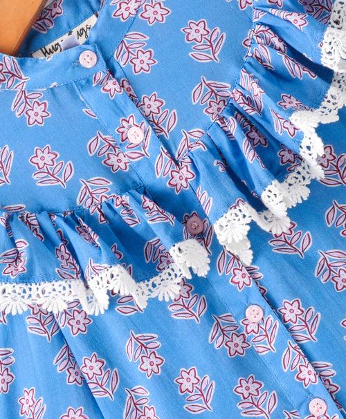 Full Sleeve Flowers Printed & Contrast Lace Yoke Embellished Frill Detailed Top - Blue