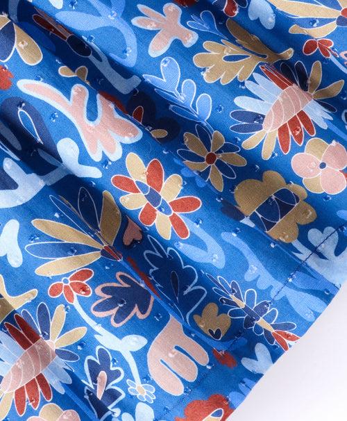 Full Sleeve Seamless Flowers Printed & Swiss Dobby Work Detailed Ruffled Top - Blue