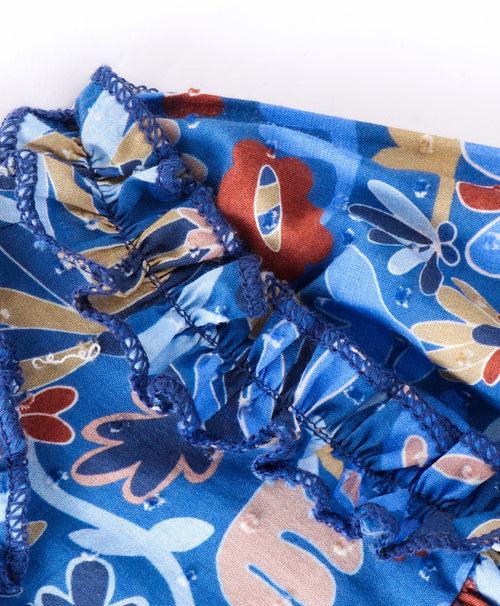 Full Sleeve Seamless Flowers Printed & Swiss Dobby Work Detailed Ruffled Top - Blue
