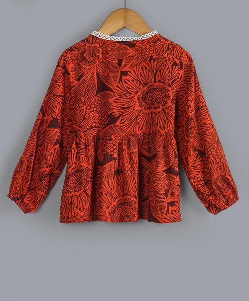 BRICK RED SELF PRINT TOP WITH CONTRAST LACE ALONG YOKE