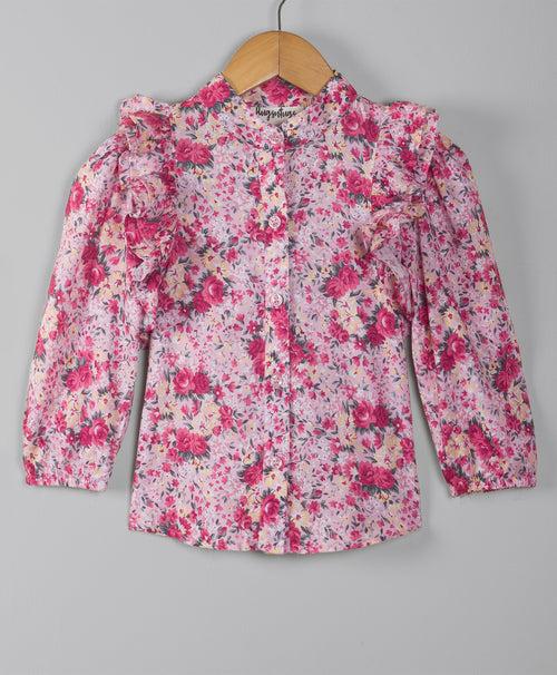 Pink Floral top with frills on the shoulder