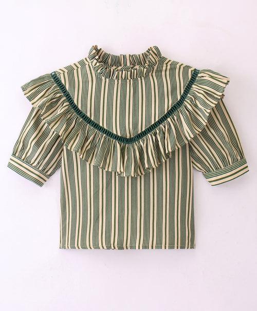 GREEN STRIPE PRINT TOP WITH LADDER LACE INSERT AT YOKE