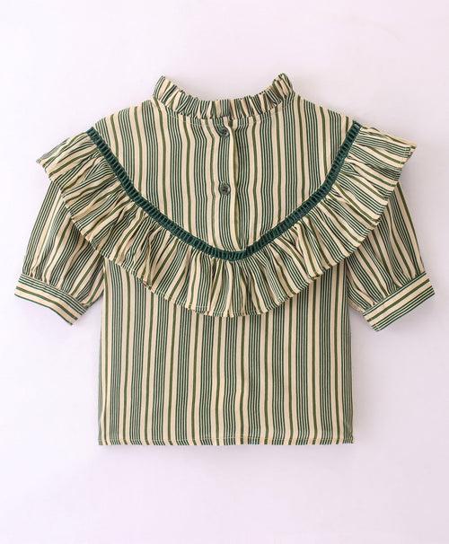 GREEN STRIPE PRINT TOP WITH LADDER LACE INSERT AT YOKE
