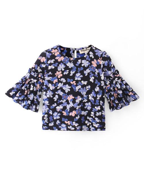 NAVY FLORAL PRINT TOP WITH THREE FOURTH BELL SLEEVES