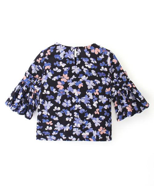 NAVY FLORAL PRINT TOP WITH THREE FOURTH BELL SLEEVES