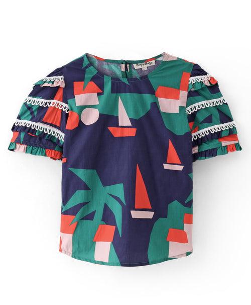 BOAT PRINT TOP WITH LACES AT SLEEVES