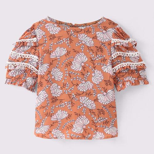 BURNT ORANGE FLORAL PRINT TOP WITH LACE TRIMS AT SLEEVES